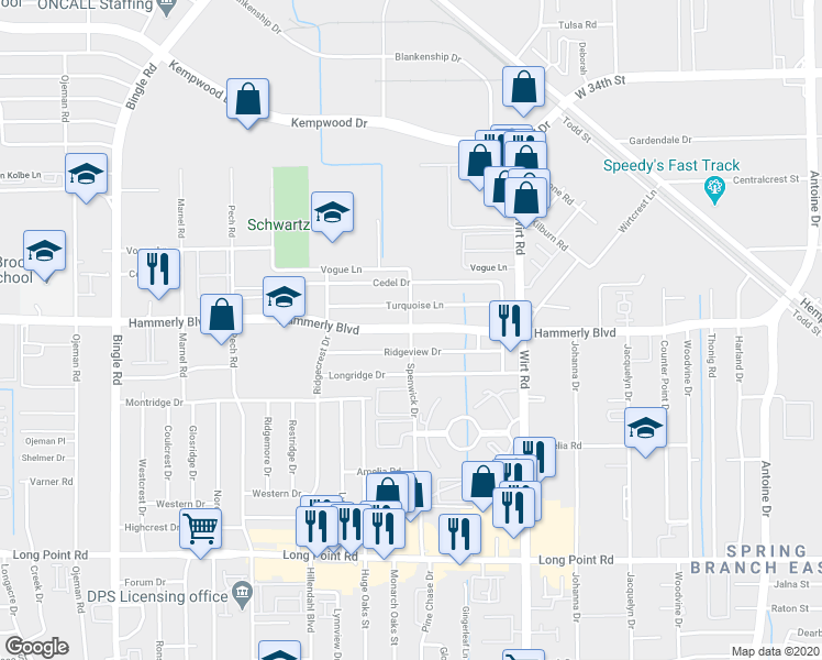 map of restaurants, bars, coffee shops, grocery stores, and more near Hammerly Blvd & Spenwick Dr in Houston
