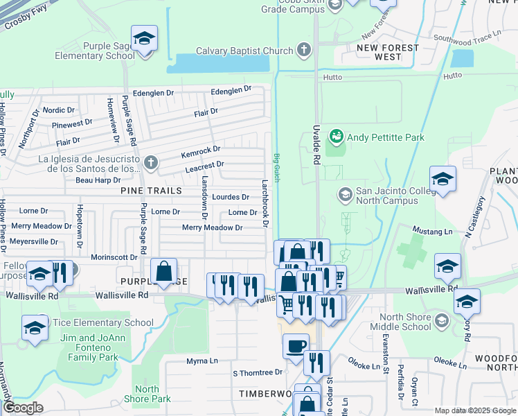 map of restaurants, bars, coffee shops, grocery stores, and more near 5930 Larchbrook Drive in Houston