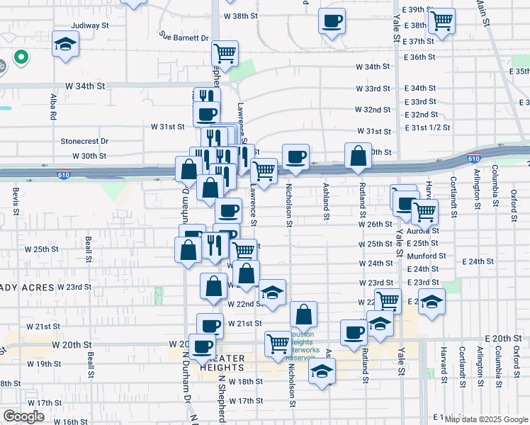 map of restaurants, bars, coffee shops, grocery stores, and more near 538 West 27th Street in Houston