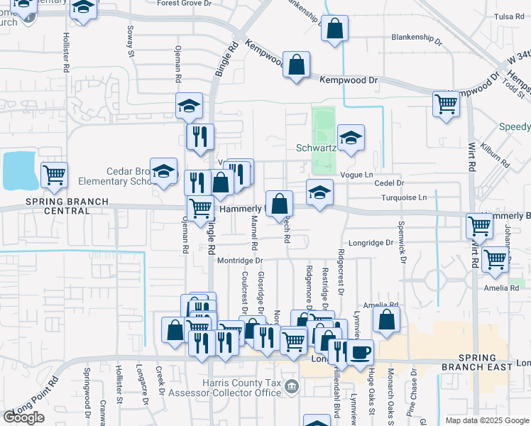 map of restaurants, bars, coffee shops, grocery stores, and more near 8424 Hammerly Boulevard in Houston