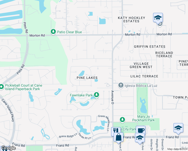map of restaurants, bars, coffee shops, grocery stores, and more near 5747 Kyle Bend in Katy