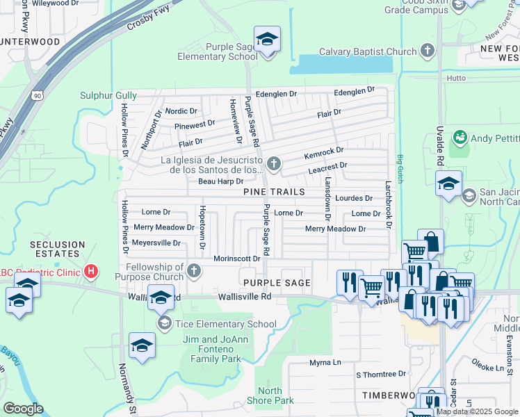 map of restaurants, bars, coffee shops, grocery stores, and more near 14339 Lorne Drive in Houston