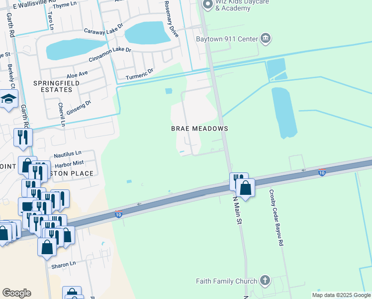map of restaurants, bars, coffee shops, grocery stores, and more near 7309 Palm Drive in Baytown