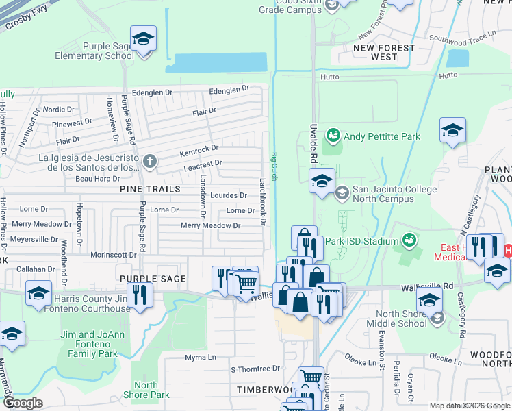 map of restaurants, bars, coffee shops, grocery stores, and more near 5930 Larchbrook Drive in Houston