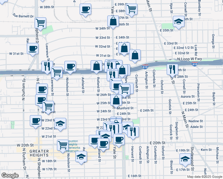 map of restaurants, bars, coffee shops, grocery stores, and more near 214 West 27th Street in Houston