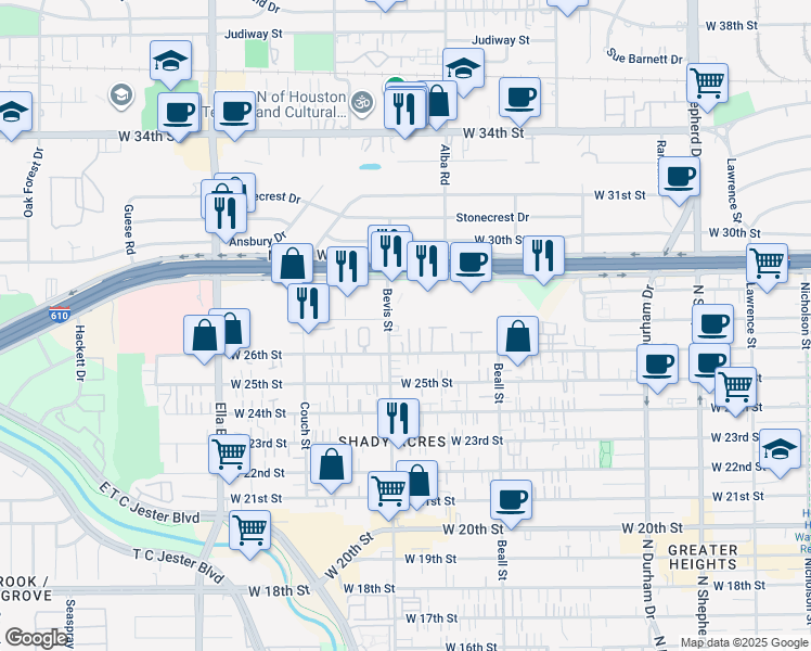 map of restaurants, bars, coffee shops, grocery stores, and more near 2634 Bevis Street in Houston