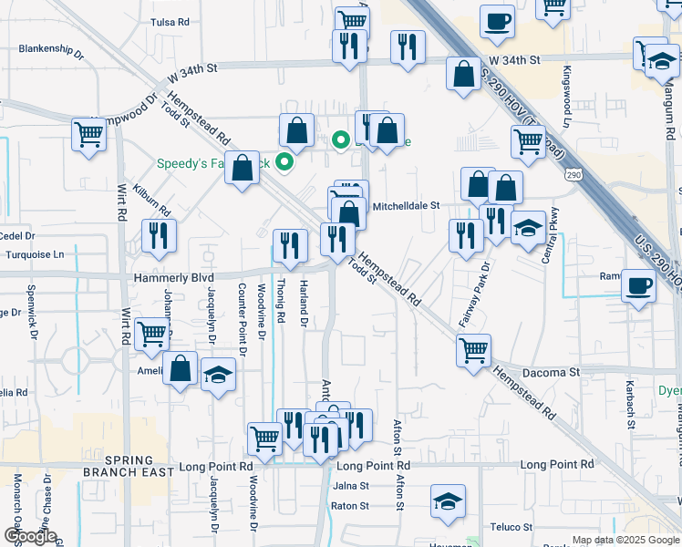 map of restaurants, bars, coffee shops, grocery stores, and more near 2106 Antoine Drive in Houston