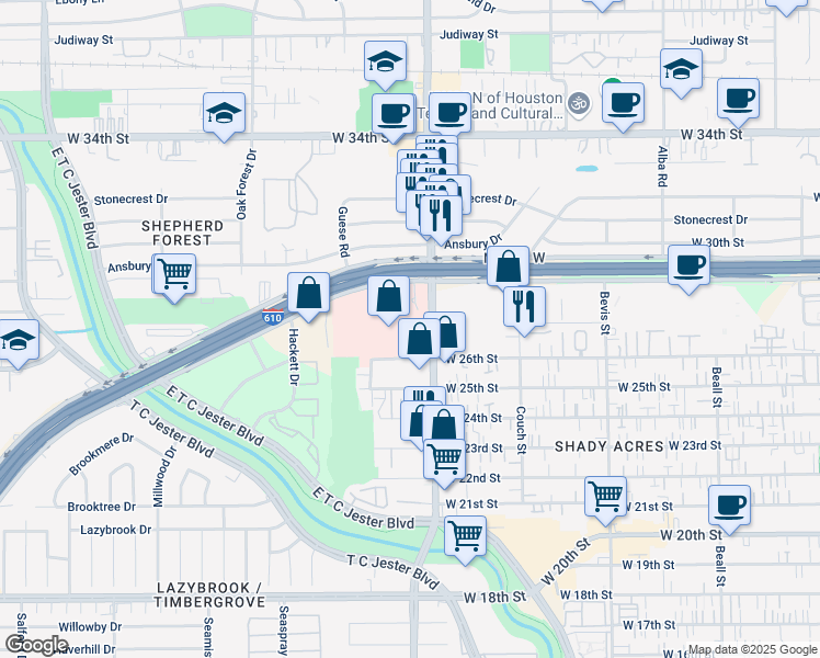 map of restaurants, bars, coffee shops, grocery stores, and more near 1740 West 27th Street in Houston