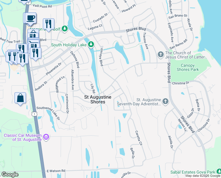map of restaurants, bars, coffee shops, grocery stores, and more near 801 Entero Lane in St. Augustine