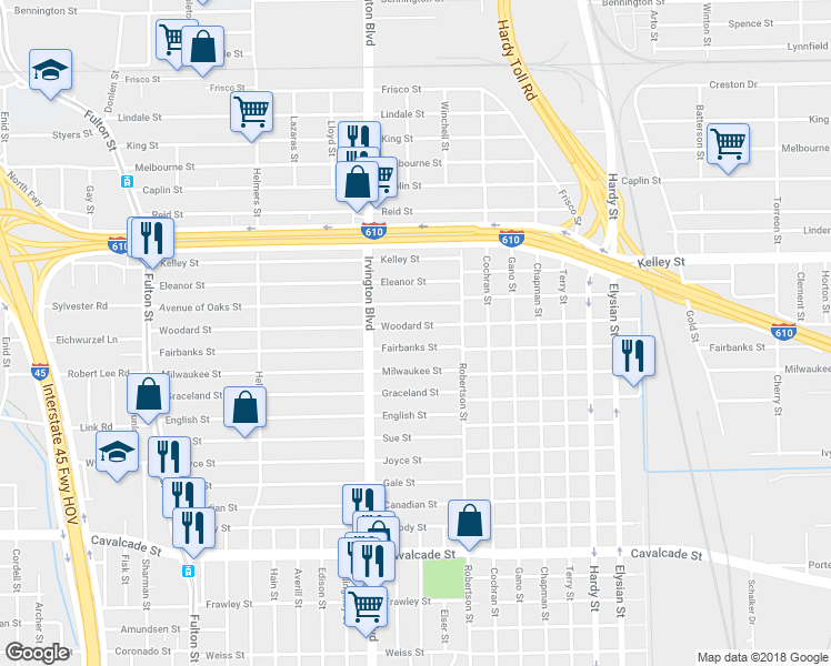 map of restaurants, bars, coffee shops, grocery stores, and more near 906 Woodard Street in Houston