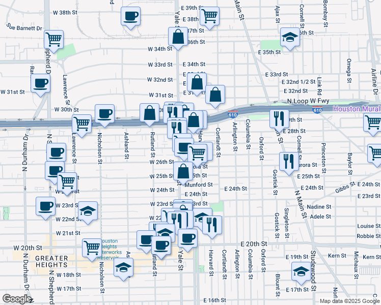 map of restaurants, bars, coffee shops, grocery stores, and more near 109 East 26th Street in Houston