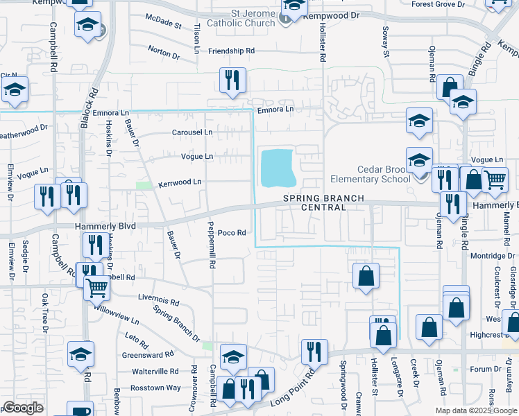 map of restaurants, bars, coffee shops, grocery stores, and more near 8979 Hammerly Boulevard in Houston