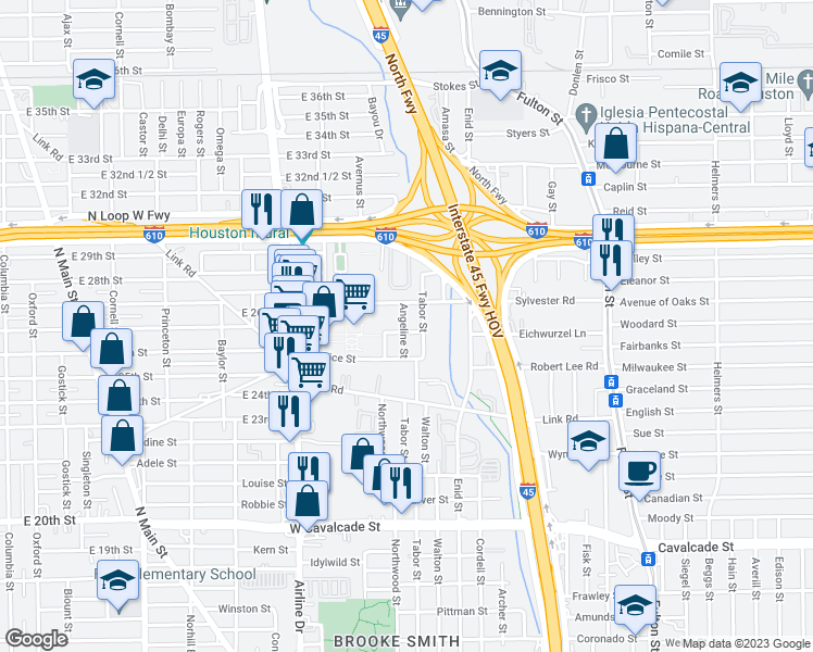 map of restaurants, bars, coffee shops, grocery stores, and more near 1842 Angeline Street in Houston