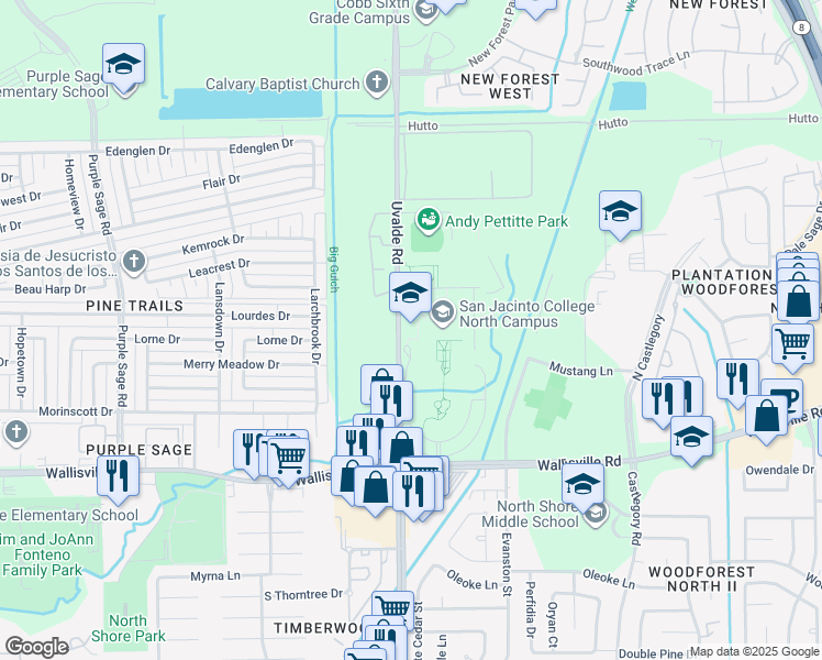 map of restaurants, bars, coffee shops, grocery stores, and more near 5800 Uvalde Road in Houston