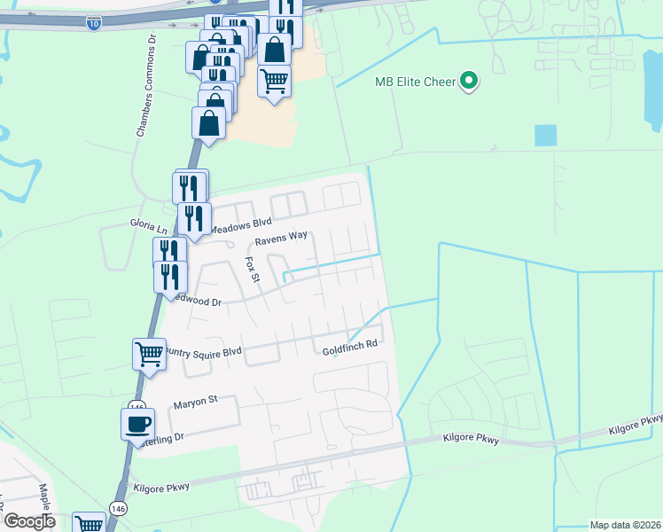map of restaurants, bars, coffee shops, grocery stores, and more near 8107 Sugar Cane Drive in Baytown