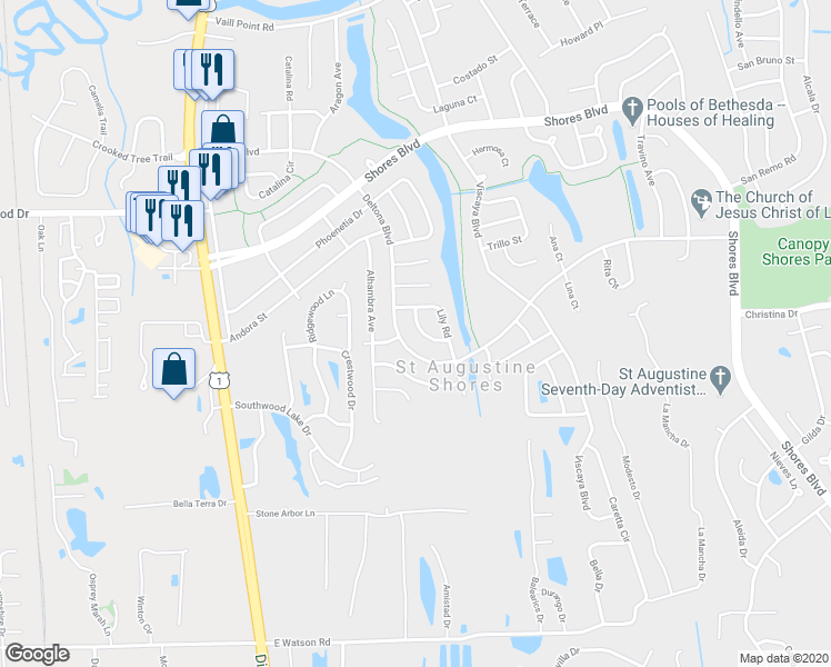 map of restaurants, bars, coffee shops, grocery stores, and more near 213 Cotorro Lane in St. Augustine
