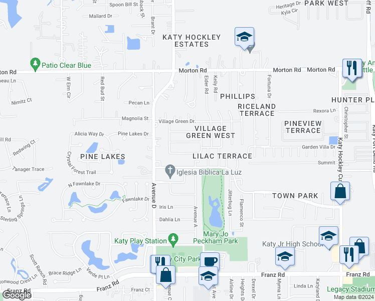 map of restaurants, bars, coffee shops, grocery stores, and more near 5626 Village Way Drive in Katy