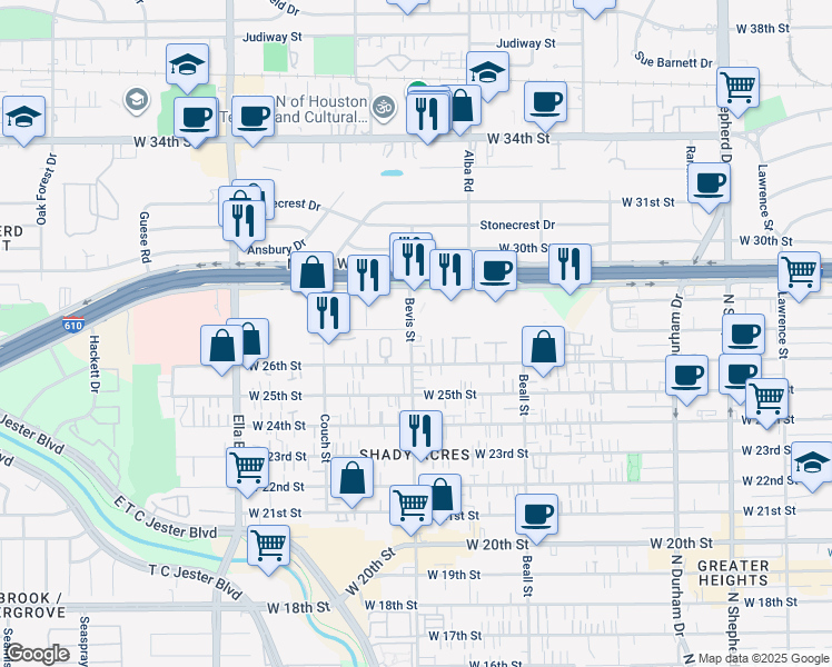 map of restaurants, bars, coffee shops, grocery stores, and more near 2634 Bevis Street in Houston
