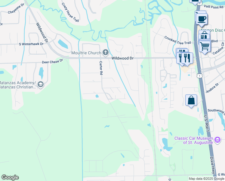map of restaurants, bars, coffee shops, grocery stores, and more near 421 Easy Street in St. Augustine