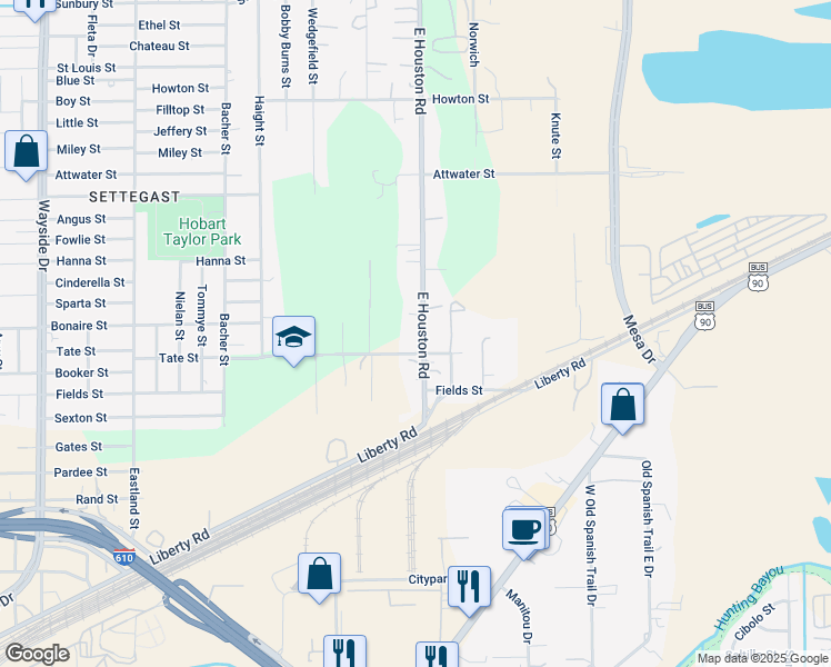 map of restaurants, bars, coffee shops, grocery stores, and more near 5424 East Houston Road in Houston