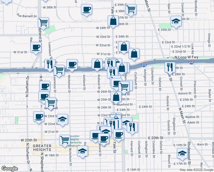 map of restaurants, bars, coffee shops, grocery stores, and more near 214 West 27th Street in Houston
