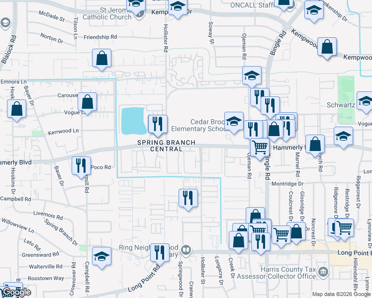 map of restaurants, bars, coffee shops, grocery stores, and more near 8700 Hammerly Boulevard in Houston