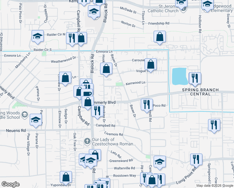 map of restaurants, bars, coffee shops, grocery stores, and more near 2109 Sequoia Woods Drive in Houston