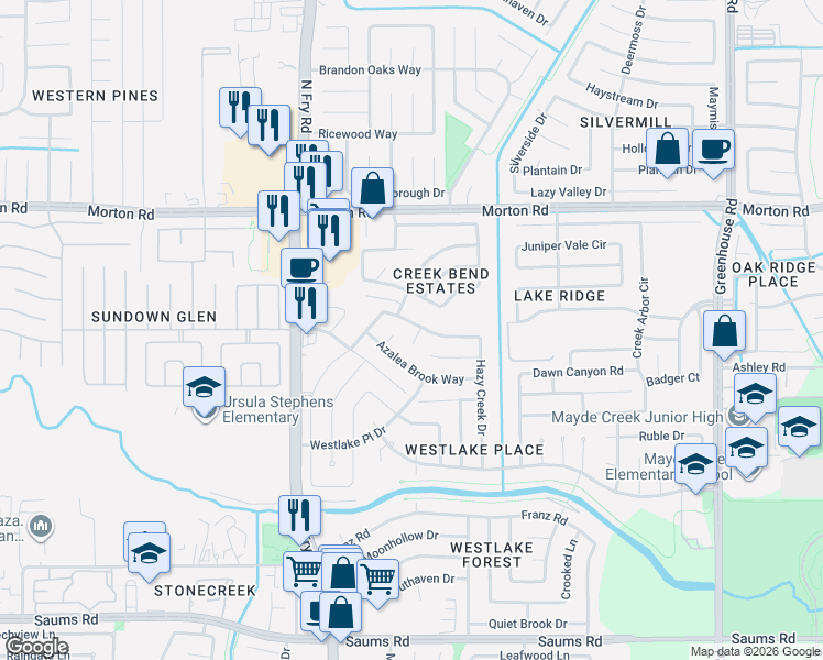 map of restaurants, bars, coffee shops, grocery stores, and more near 19807 Oakwood Falls Trail in Houston