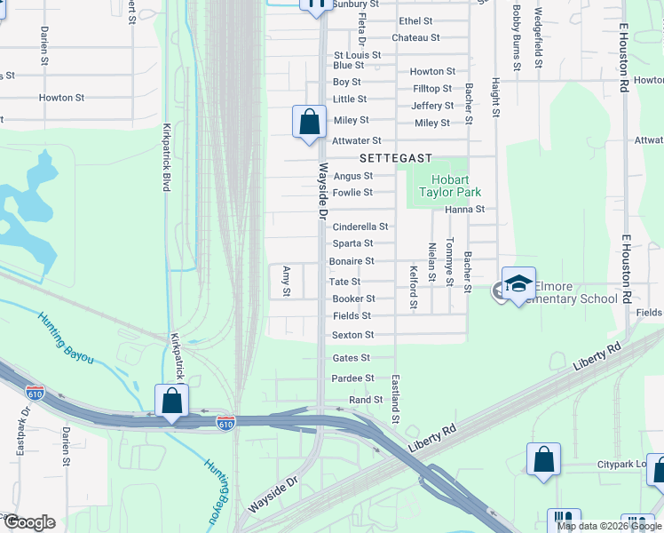 map of restaurants, bars, coffee shops, grocery stores, and more near 5422 North Wayside Drive in Houston