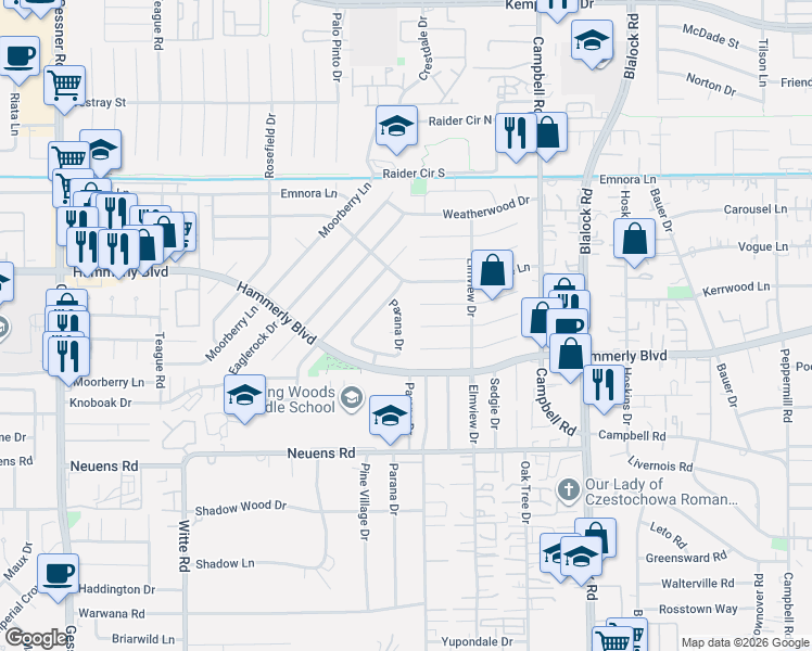 map of restaurants, bars, coffee shops, grocery stores, and more near 2307 Parana Drive in Houston