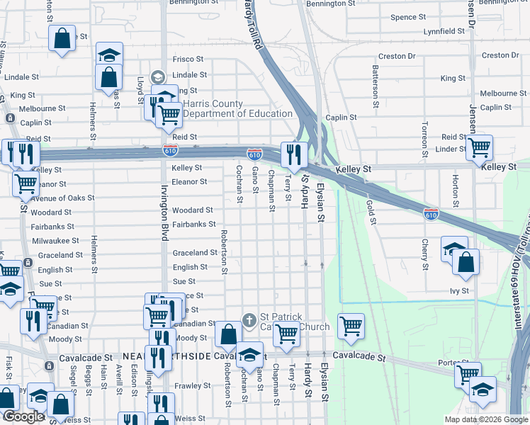 map of restaurants, bars, coffee shops, grocery stores, and more near 1306 Woodard St in Houston