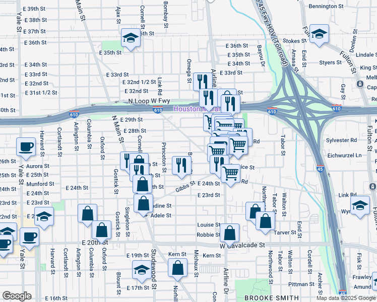 map of restaurants, bars, coffee shops, grocery stores, and more near 2610 Baylor Street in Houston