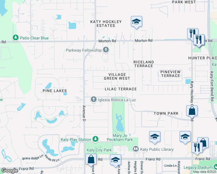 map of restaurants, bars, coffee shops, grocery stores, and more near 5610 Village Oak Drive in Katy