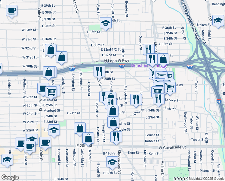 map of restaurants, bars, coffee shops, grocery stores, and more near 803 East 26th Street in Houston