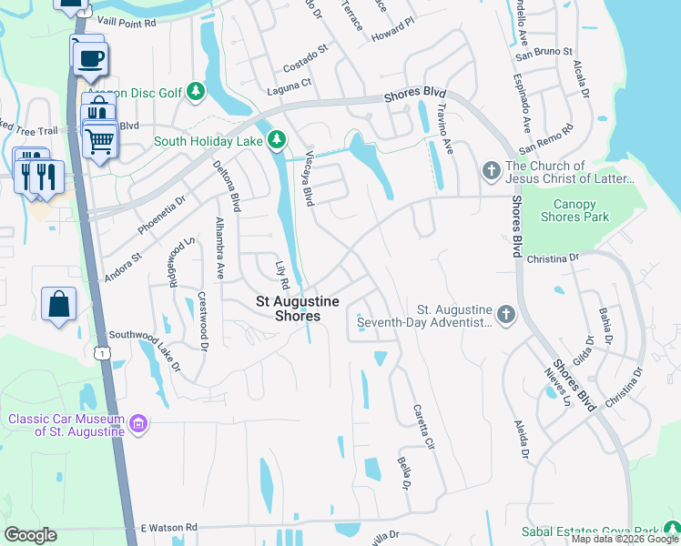 map of restaurants, bars, coffee shops, grocery stores, and more near 801 Entero Lane in St. Augustine