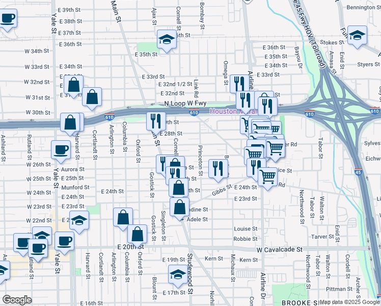 map of restaurants, bars, coffee shops, grocery stores, and more near 831 East 26th Street in Houston