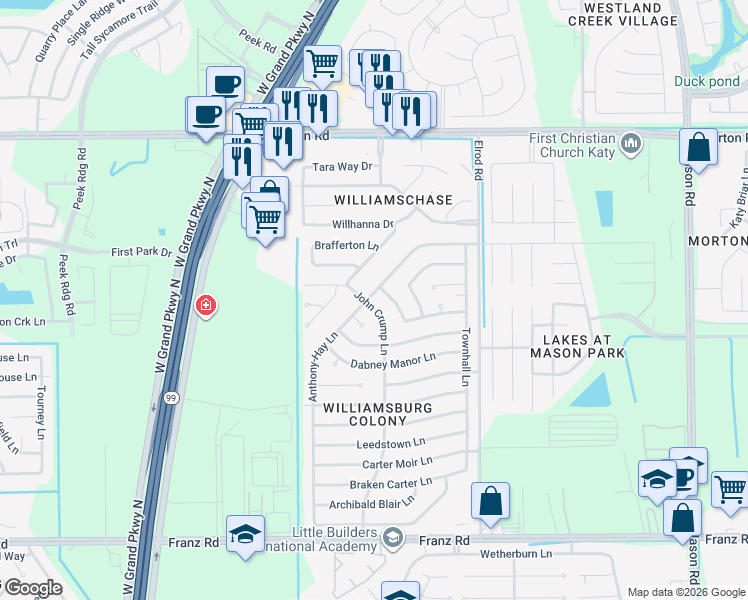map of restaurants, bars, coffee shops, grocery stores, and more near 2603 Anthony-Hay Lane in Katy