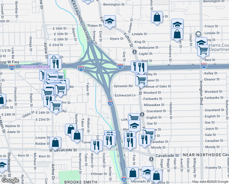 map of restaurants, bars, coffee shops, grocery stores, and more near 408 Eichwurzel Lane in Houston