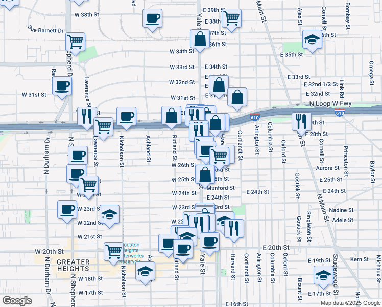 map of restaurants, bars, coffee shops, grocery stores, and more near 214 West 27th Street in Houston