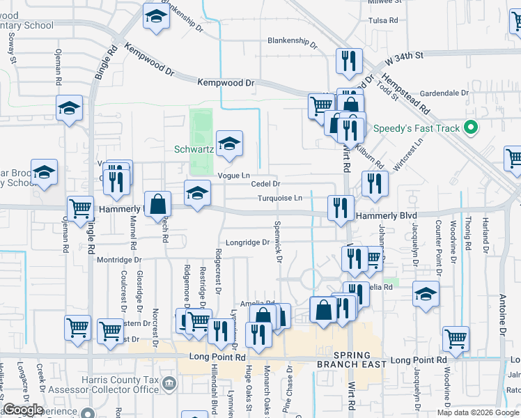 map of restaurants, bars, coffee shops, grocery stores, and more near 8010 Hammerly Boulevard in Houston