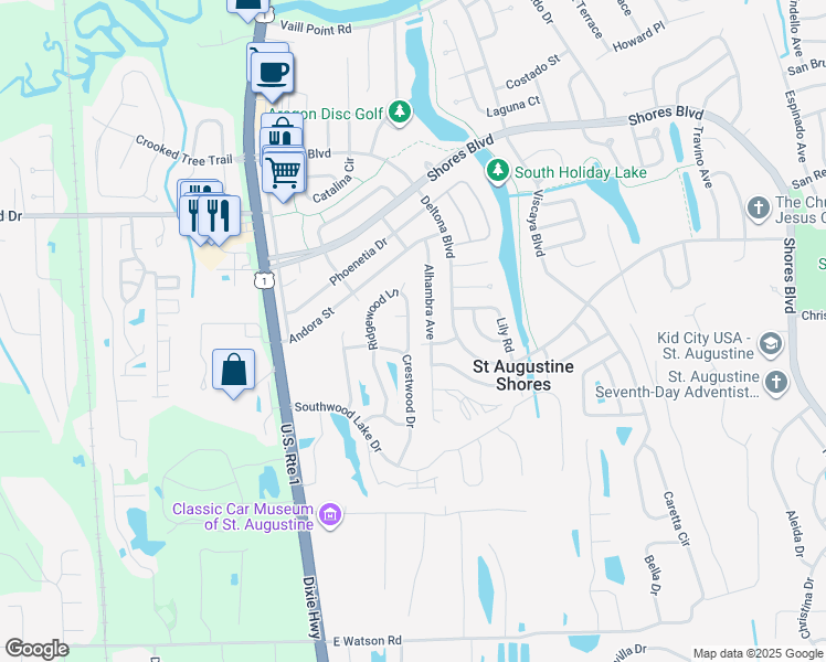 map of restaurants, bars, coffee shops, grocery stores, and more near 1061 Ridgewood Lane in St. Augustine