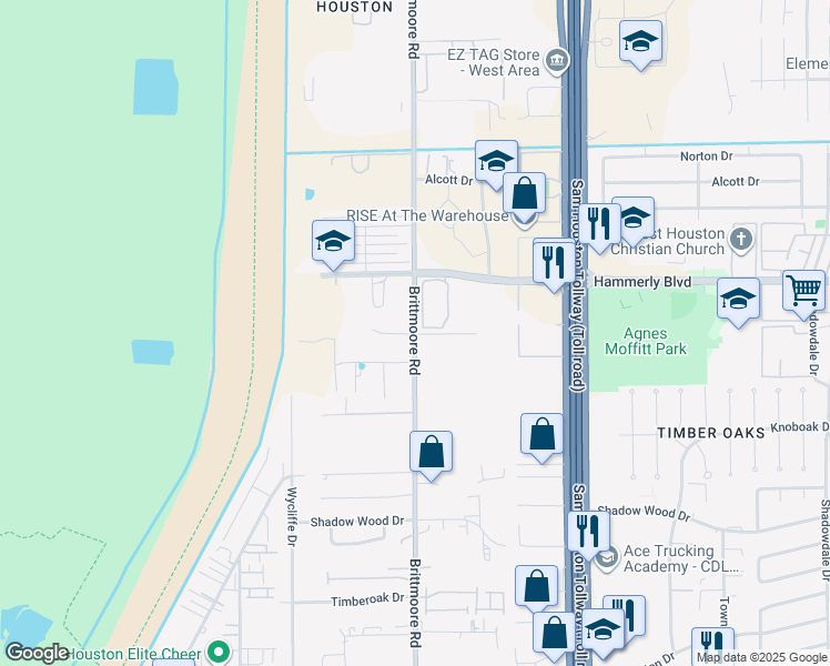 map of restaurants, bars, coffee shops, grocery stores, and more near 1986 Brittmoore Road in Houston