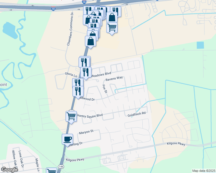 map of restaurants, bars, coffee shops, grocery stores, and more near 8127 Perch Street in Baytown