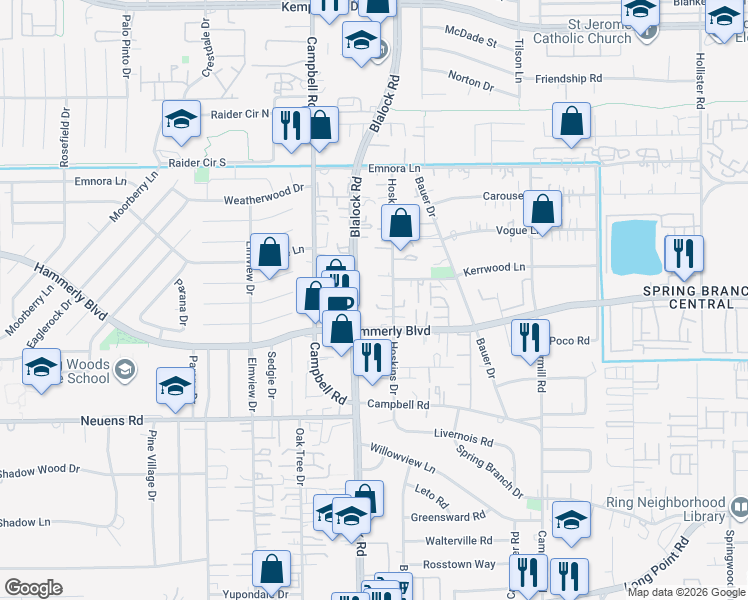 map of restaurants, bars, coffee shops, grocery stores, and more near 2125 Hoskins Drive in Houston