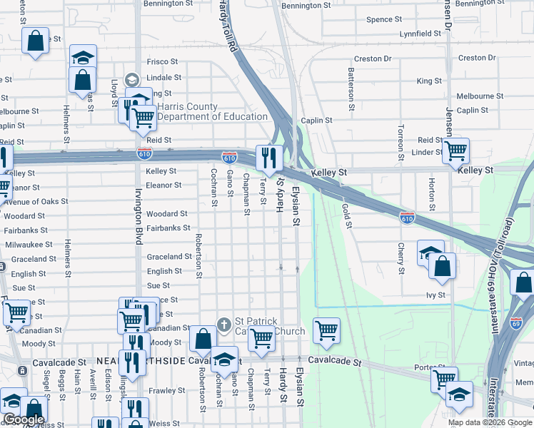 map of restaurants, bars, coffee shops, grocery stores, and more near 1508 Woodard Street in Houston