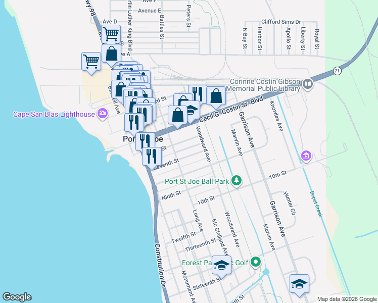 map of restaurants, bars, coffee shops, grocery stores, and more near 513 Seventh Street in Port Saint Joe