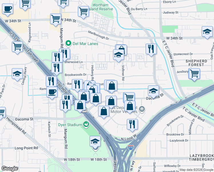 map of restaurants, bars, coffee shops, grocery stores, and more near 4203 Ascot Lane in Houston