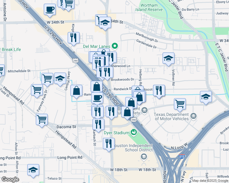 map of restaurants, bars, coffee shops, grocery stores, and more near 10404 Northwest Freeway in Houston