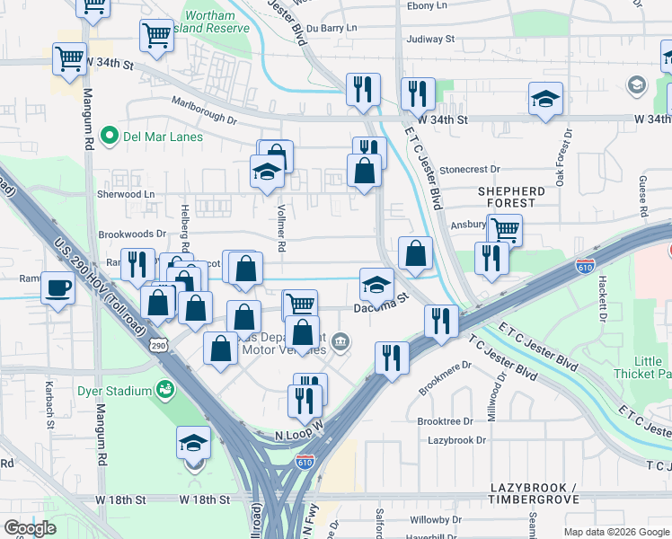 map of restaurants, bars, coffee shops, grocery stores, and more near 3817 Ascot Lane in Houston