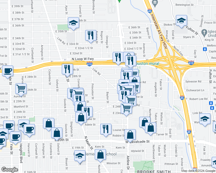map of restaurants, bars, coffee shops, grocery stores, and more near 2610 Baylor Street in Houston